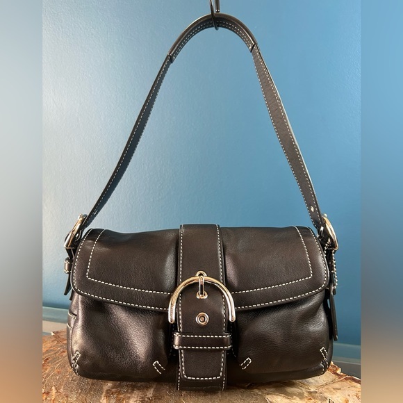 Vintage COACH Soho Double Pocket Flap Black Leather Shoulder Purse 1146 - Picture 1 of 17